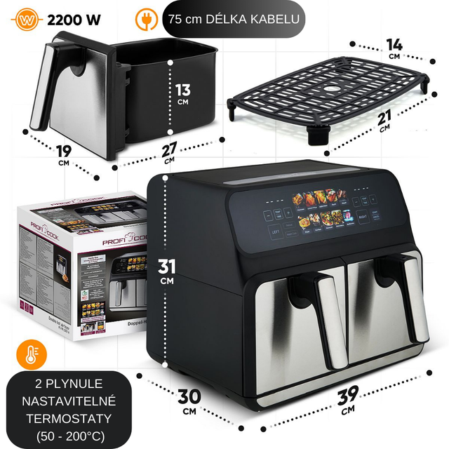 FR 1287 H dvojitá horkovzdušná fritéza s barevným displejem 8l - Profi Home Living