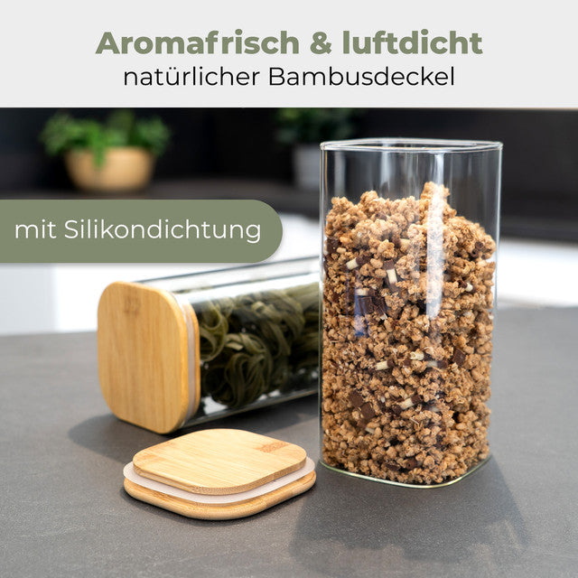 VD 4027 Set 4 skleněnných dóz s bambusovým víkem 1,6 l - vzduchotěsné, na potraviny - Profi Home Living