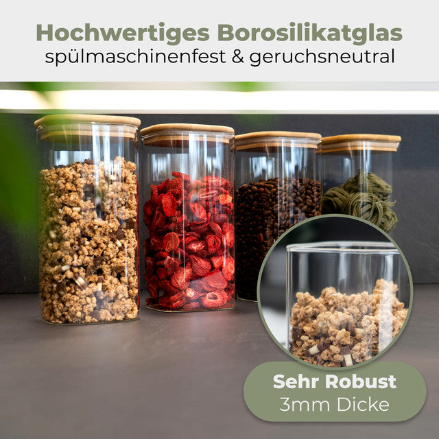 VD 4027 Set 4 skleněnných dóz s bambusovým víkem 1,6 l - vzduchotěsné, na potraviny - Profi Home Living